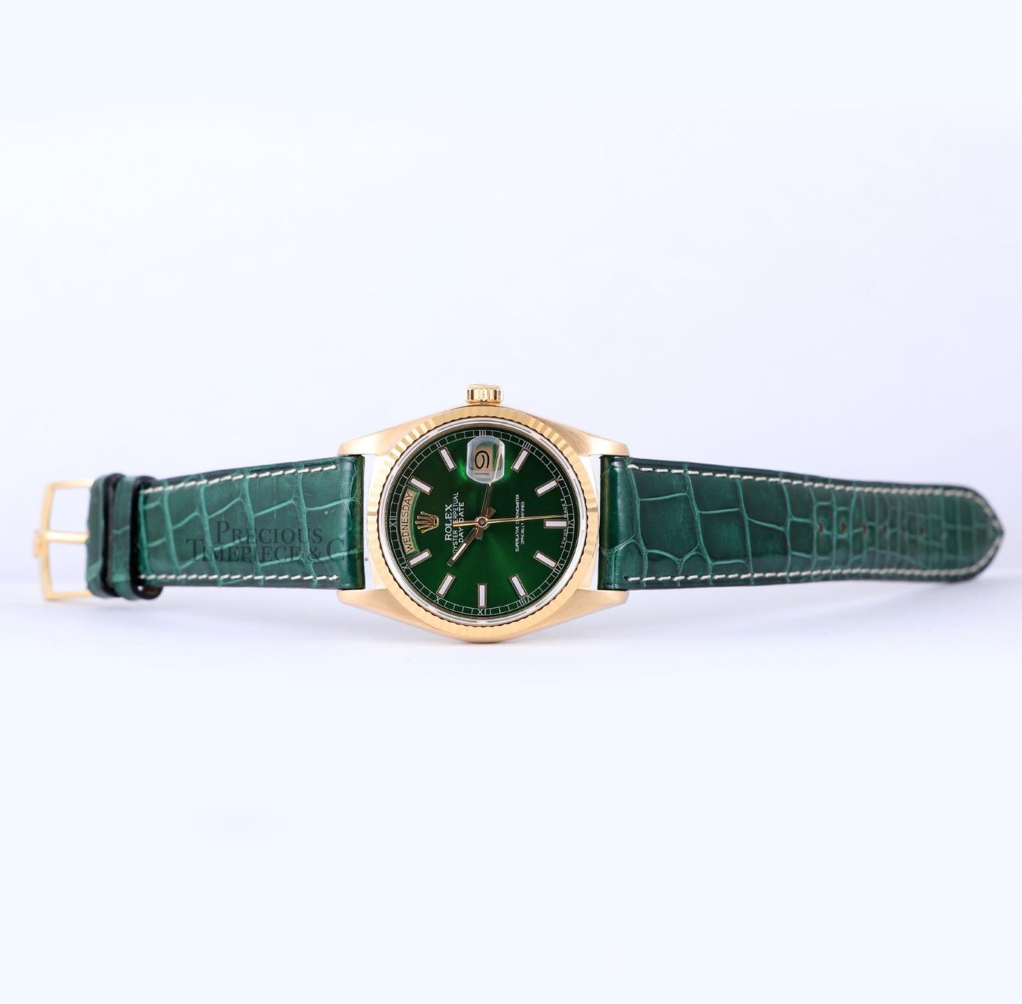 Rolex Day-Date 36mm President 18k Gold 18238-Green Stick Dial-Green Leather Band