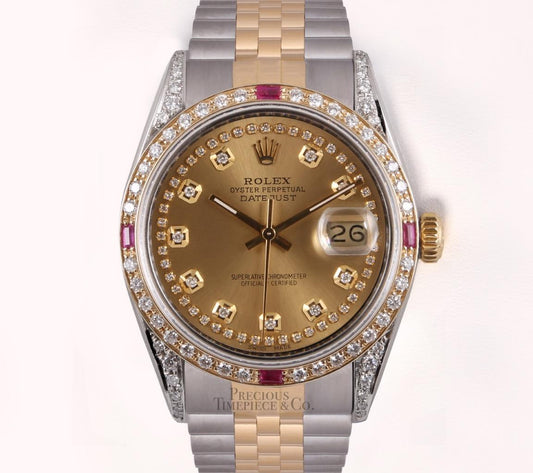 Rolex Datejust Two Tone 18k Ruby Diamond Bezel-Champagne String Dial-Diamond Lug