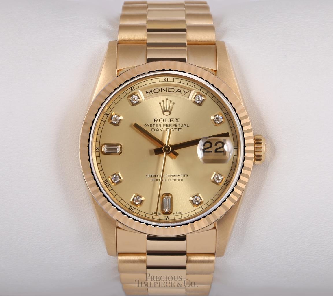 Rolex Men Day-Date 18238 President-18k Gold 36mm-Champagne Baguette Diamond Dial