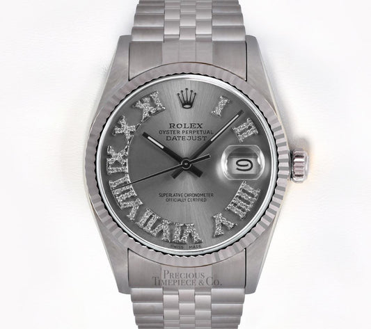 Rolex Mens Datejust SS 36mm-18k Fluted Bezel-Gray Roman Diamond Dial