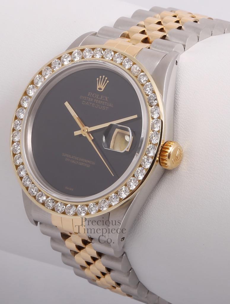 Rolex Datejust 36mm Two Tone Steel 3CT 18k Diamond Bezel Watch-Onyx Dial