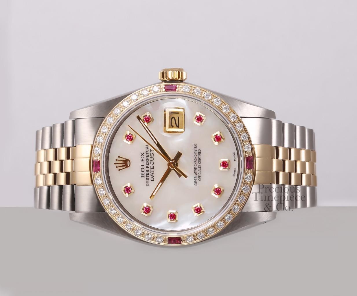 Rolex Datejust Two Tone 36mm 18k Ruby Diamond Bezel-White MOP Ruby Dial-Watch