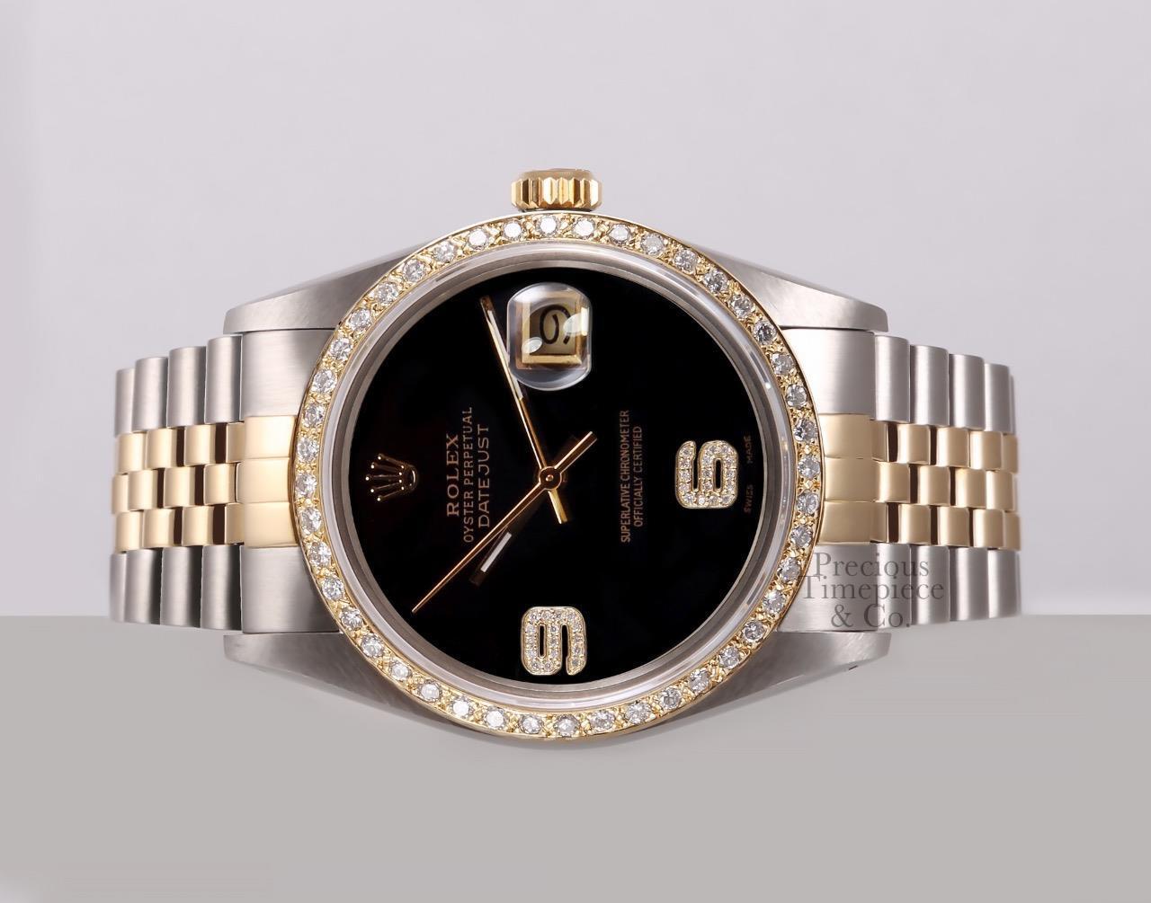 Rolex Datejust Two Tone 36mm Watch 18k Gold Diamond Bezel-Diamond 6&9 Onyx Dial