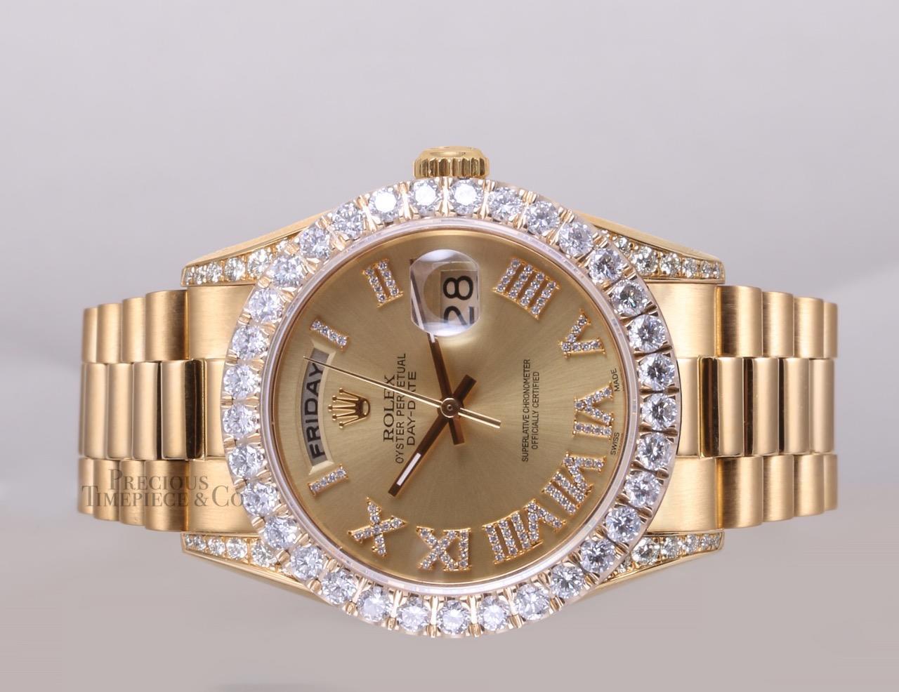 Rolex Day-Date President 36mm 18k Gold 3CT Diamond Bezel-Diamond Lugs-Roman Dial