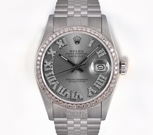 Rolex Datejust Stainless Steel 36mm Watch-Gray Roman Diamond Dial-Diamond Bezel