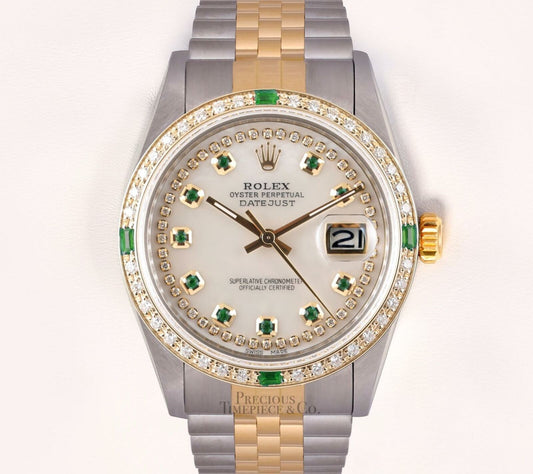 Rolex Datejust 36mm Two Tone-White MOP Emerald String Diamond Dial-Diamond Bezel