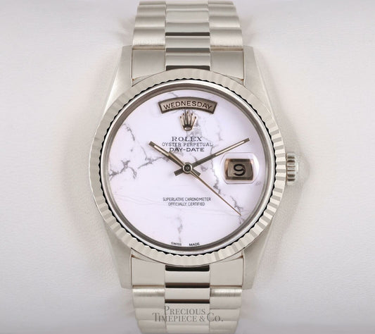 Rolex Men Day-Date 18239 President 18k White Gold 36mm Watch-White Marble Dial