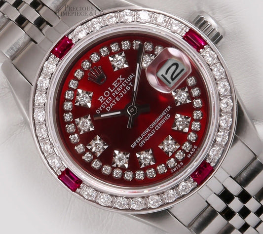 Rolex Lady Datejust Steel 26mm Watch-Ruby Diamond Bezel-Red String Diamond Bezel