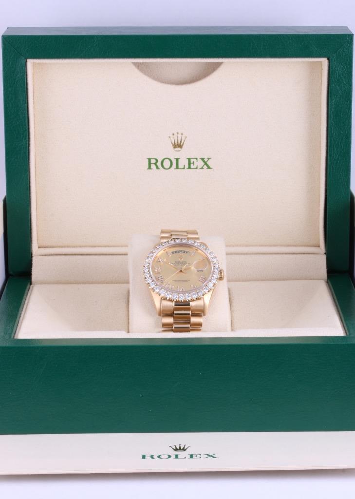 Rolex Mens Day-Date President 36mm 18k Gold Diamond Roman Dial-3CT Diamond Bezel