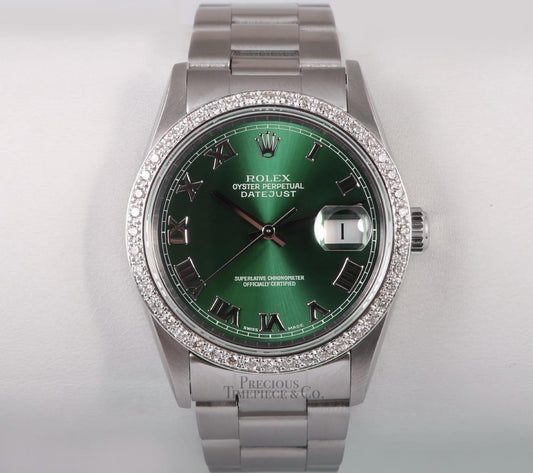 Rolex Datejust Stainless Steel 36mm Oyster Watch-Green Roman Dial-Diamond Bezel