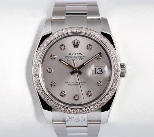 Rolex Men Datejust Stainless Steel 36mm Oyster-Diamond Bezel-Silver Diamond Dial