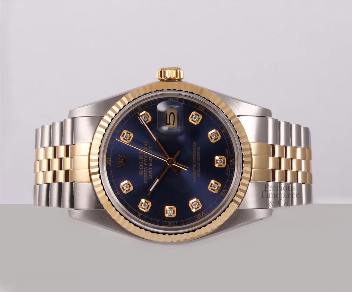 Rolex Datejust 36mm Two Tone Stainless Steel 18k Fluted Bezel-Navy Diamond Dial