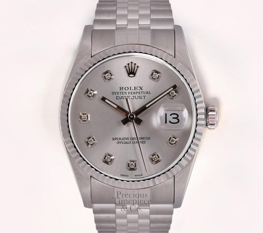 Rolex Mens Datejust  Steel 36mm Watch-Silver Diamond Dial-18k Fluted Bezel