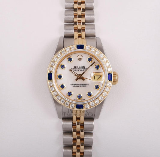 Rolex Lady Datejust Two Tone 18k Sapphire Diamond Bezel-White MOP Sapphire Dial