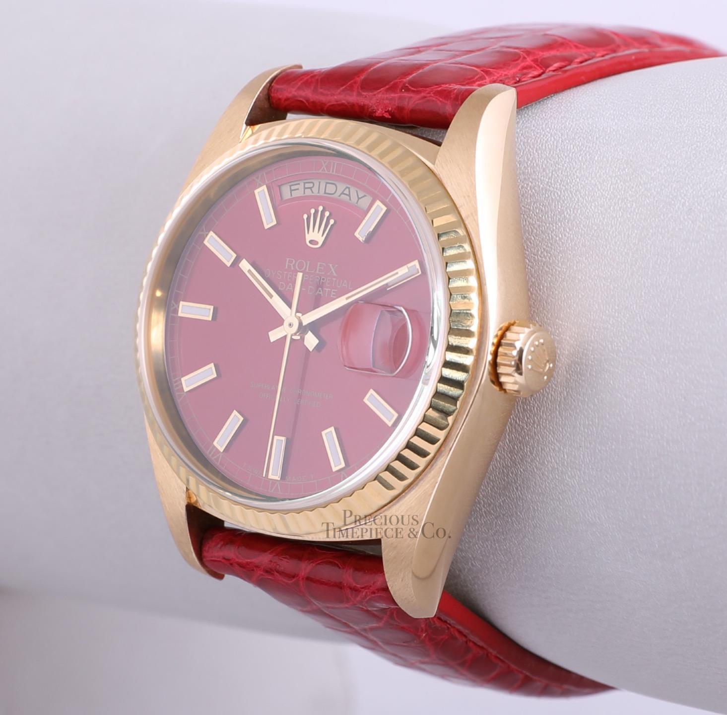 Rolex Men Day-Date 36mm President 18k Gold 18238-Red Stick Dial-Red Leather Band