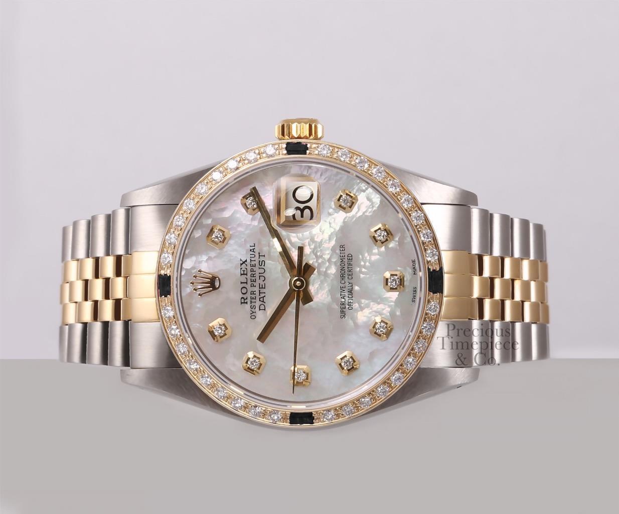 Rolex Datejust Two Tone Gold/SS-White MOP Diamond Dial-Black Gem & Diamond Bezel