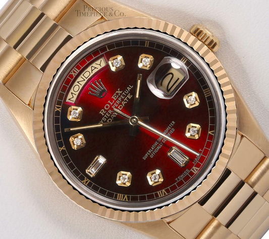 Rolex Men Day-Date 18038 President 36mm 18k Gold Watch-Red Baguette Diamond Dial