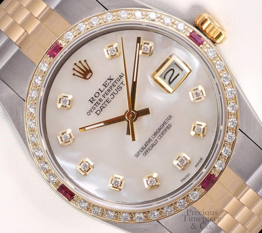 Rolex Datejust 36mm Two Tone Steel 18k Ruby/Diamond Bezel-White Diamond MOP