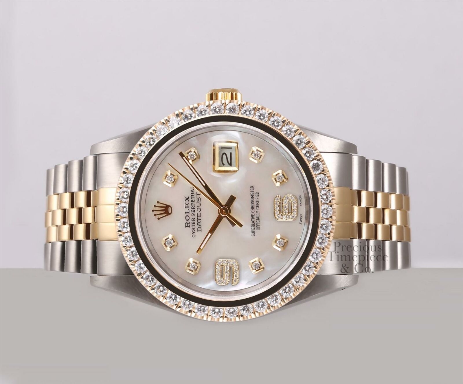 Rolex Datejust Two Tone 36mm 18k 2.5ct Diamond Bezel-White MOP Diamond 6&9 Dial