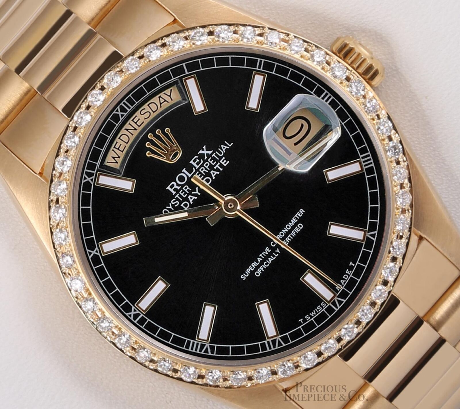 Rolex Day-Date 18038 Presidential 18k Gold Diamond Bezel 36mm-Black Stick Dial