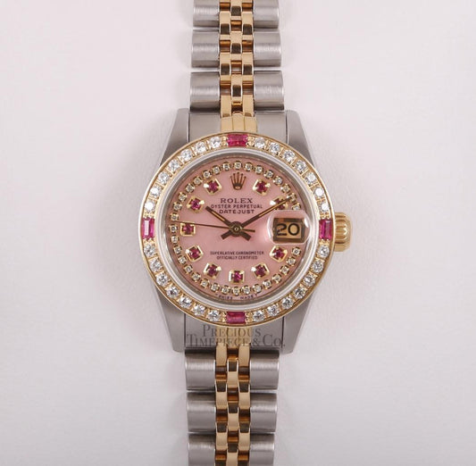 Rolex Lady Datejust 26mm 18k/SS Two Tone-Pink MOP String Dial-Ruby Diamond Bezel