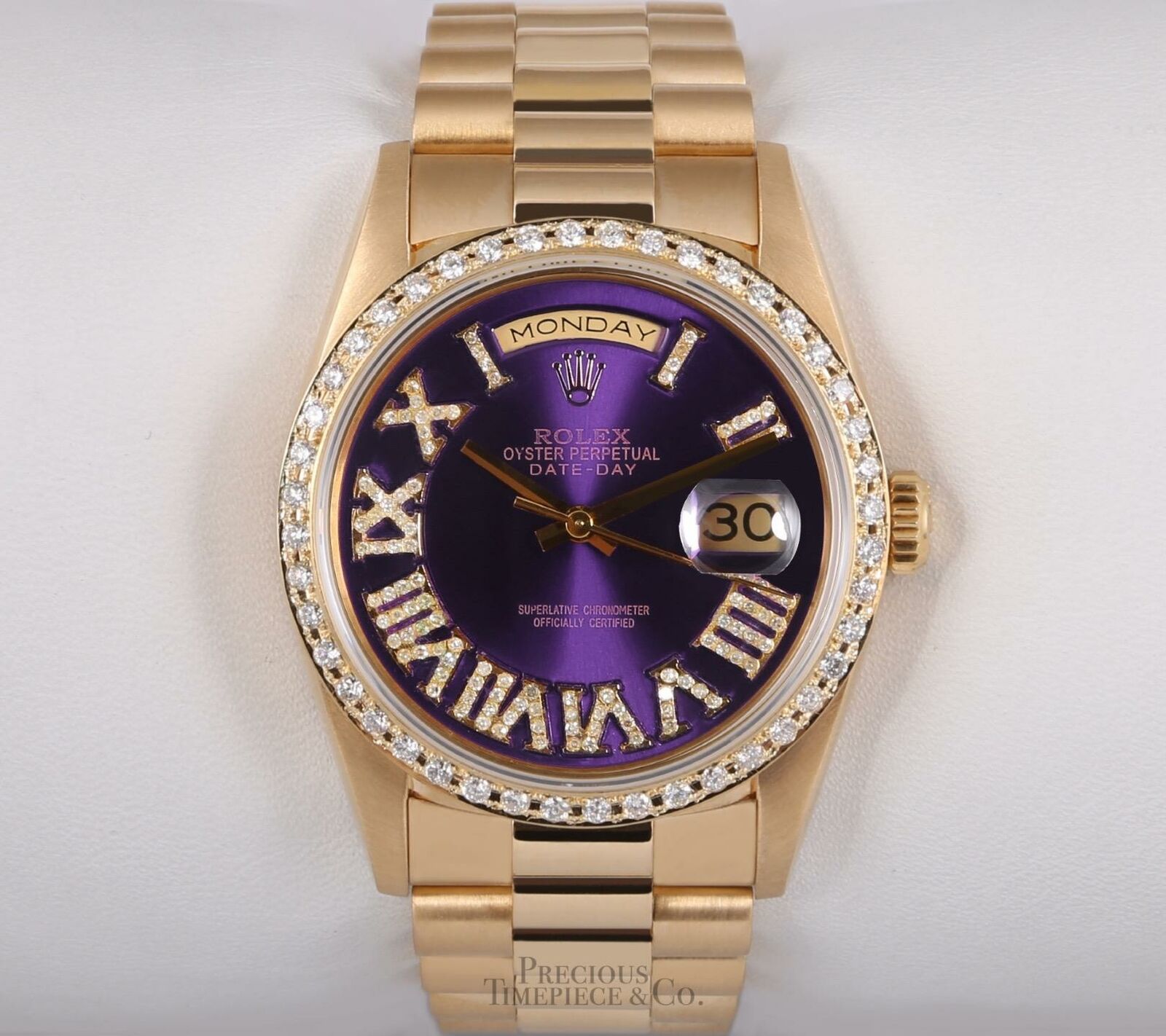 Rolex Day-Date 18038 President 36mm 18k-Purple Roman Diamond Dial-Diamond Bezel