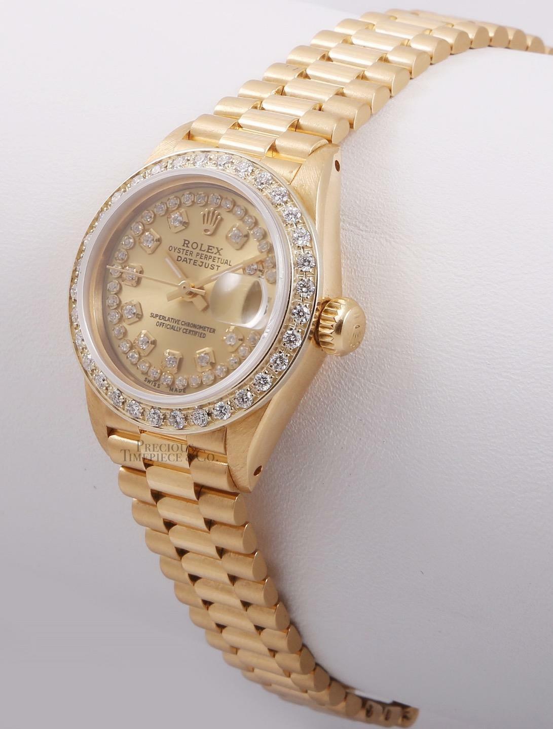 Rolex Lady President 18k Gold 26mm-Champagne String Diamond Dial-Diamond Bezel