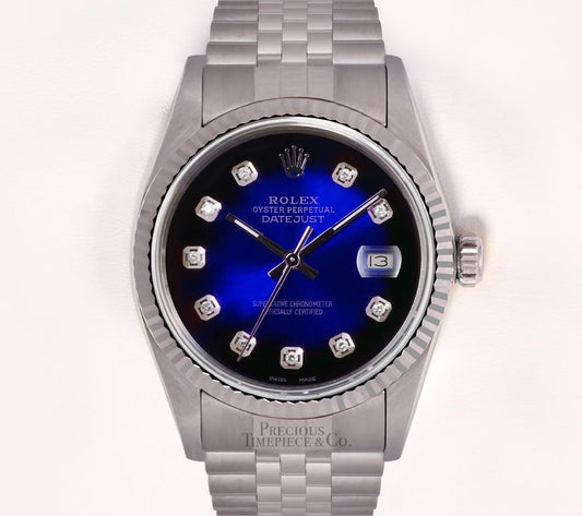 Rolex Men Datejust SS 36mm 18k Fluted Bezel-Blue Vignette Diamond Dial