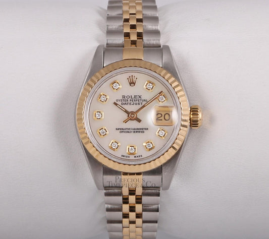 Rolex Lady Datejust 26mm Two Tone Steel 18k Gold Fluted-White MOP Diamond Dial