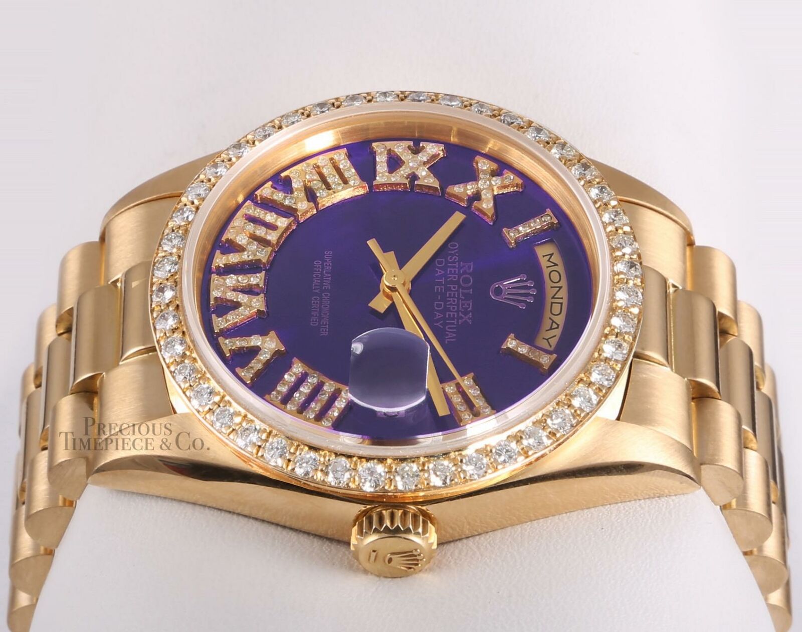 Rolex Day-Date 18238 President 36mm 18k-Purple Roman Diamond Dial-Diamond Bezel