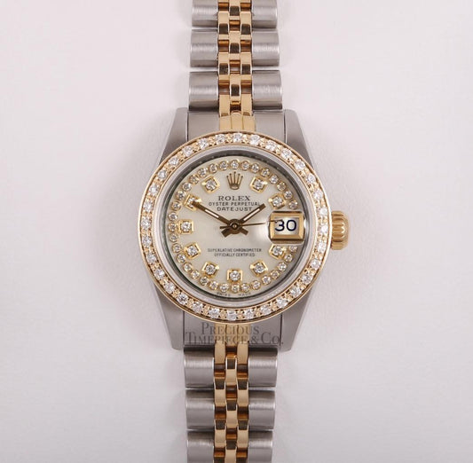 Rolex Lady Datejust 26mm TT SS 18k Diamond Bezel White MOP String Diamond Dial