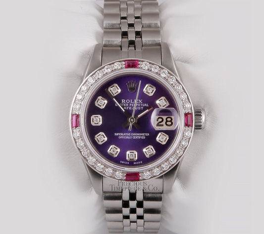 Rolex Lady Datejust Steel 26mm-Purple Diamond Dial-Ruby Gemstone & Diamond Bezel