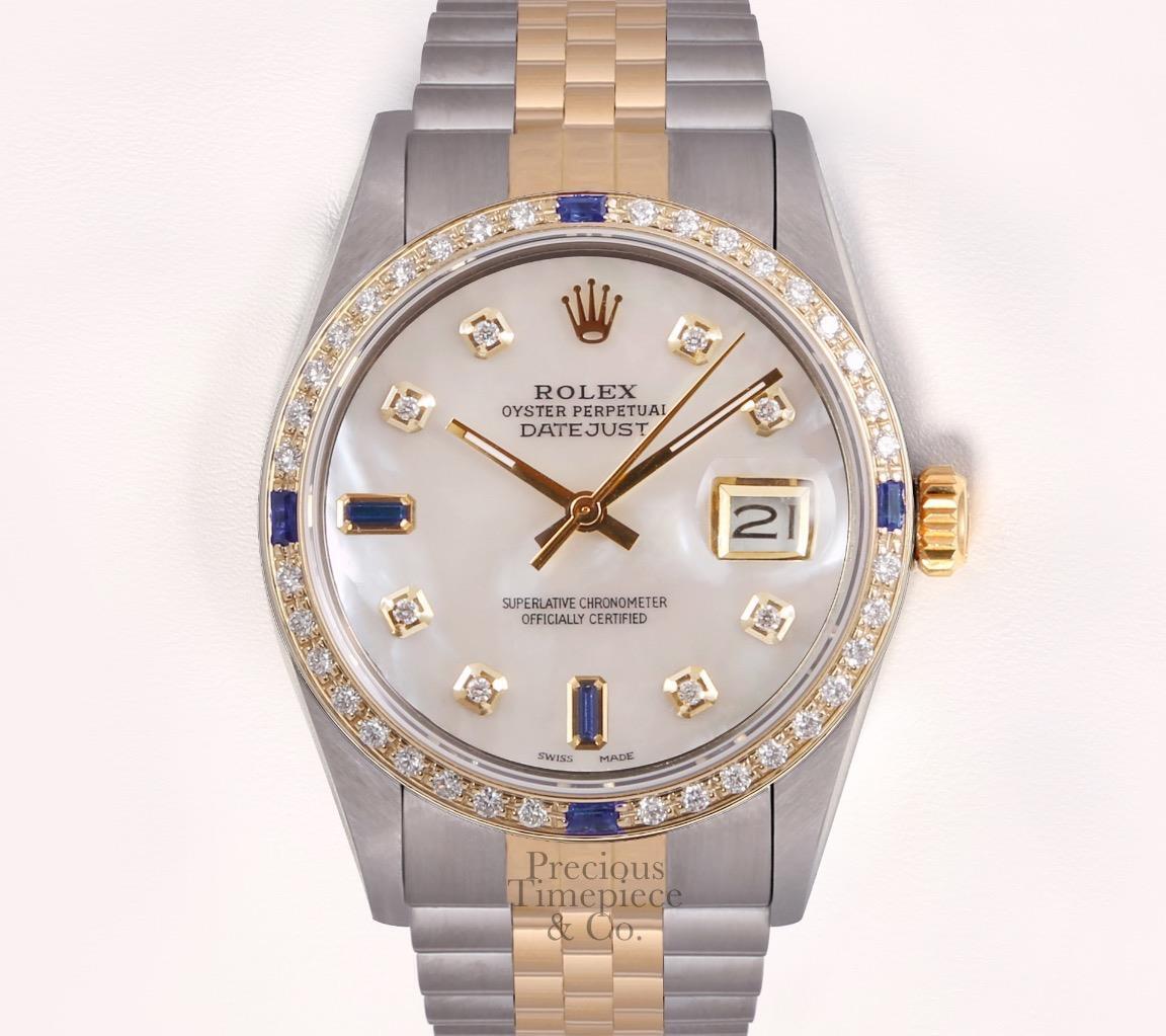 Rolex Datejust Two Tone Steel 18k Sapphire Diamond Bezel-White MOP Diamond Dial