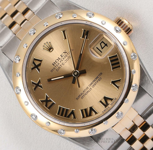 Rolex Datejust 68273 Mid-Size 31mm 18k/SS-Factory Diamond Bezel-Gold Roman Dial