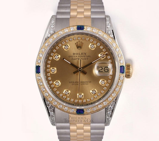 Rolex Datejust 36mm Champagne String Dial-18k Sapphire Diamond Bezel-Diamond Lug