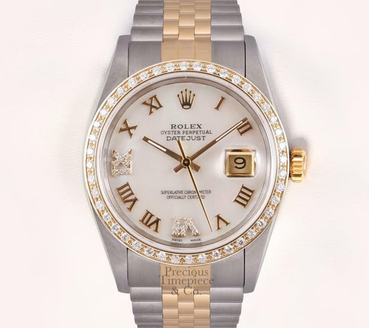 Rolex Datejust 36mm Two Tone SS 18k Diamond Bezel White MOP Diamond Roman Dial