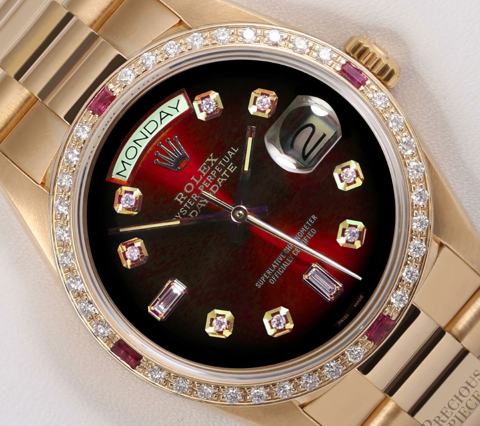 Rolex Day-Date 18038 President 36mm 18k Diamond & Ruby Bezel-Red Vignette Dial