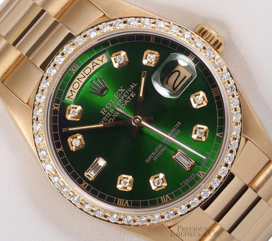 Rolex President 18k Yellow Gold 18038-Green Baguette Diamond Dial-Diamond Bezel