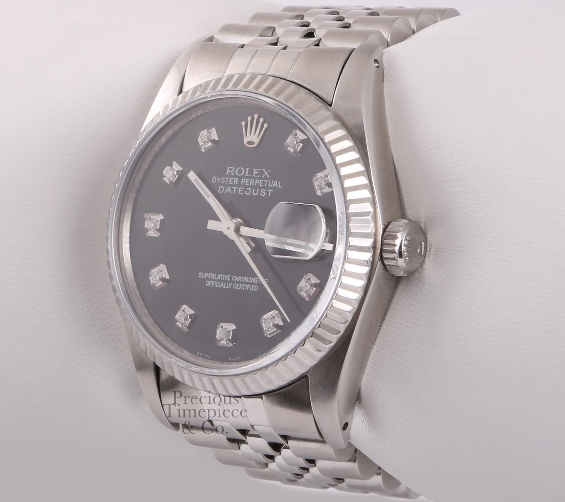 Rolex Datejust Stainless Steel 18k Fluted Bezel 36mm Watch-Black Diamond Dial