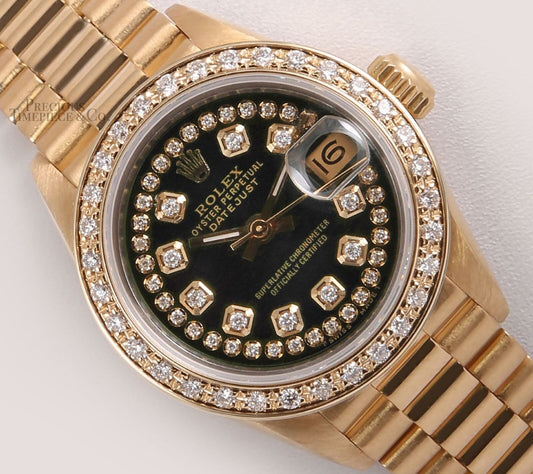 Rolex Lady President 18k Gold 26mm-Black String Diamond Dial-18k Diamond Bezel