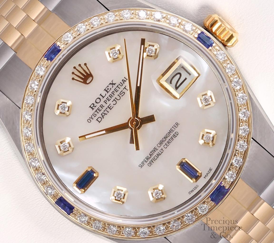 Rolex Datejust Two Tone Steel 18k Sapphire Diamond Bezel-White MOP Diamond Dial