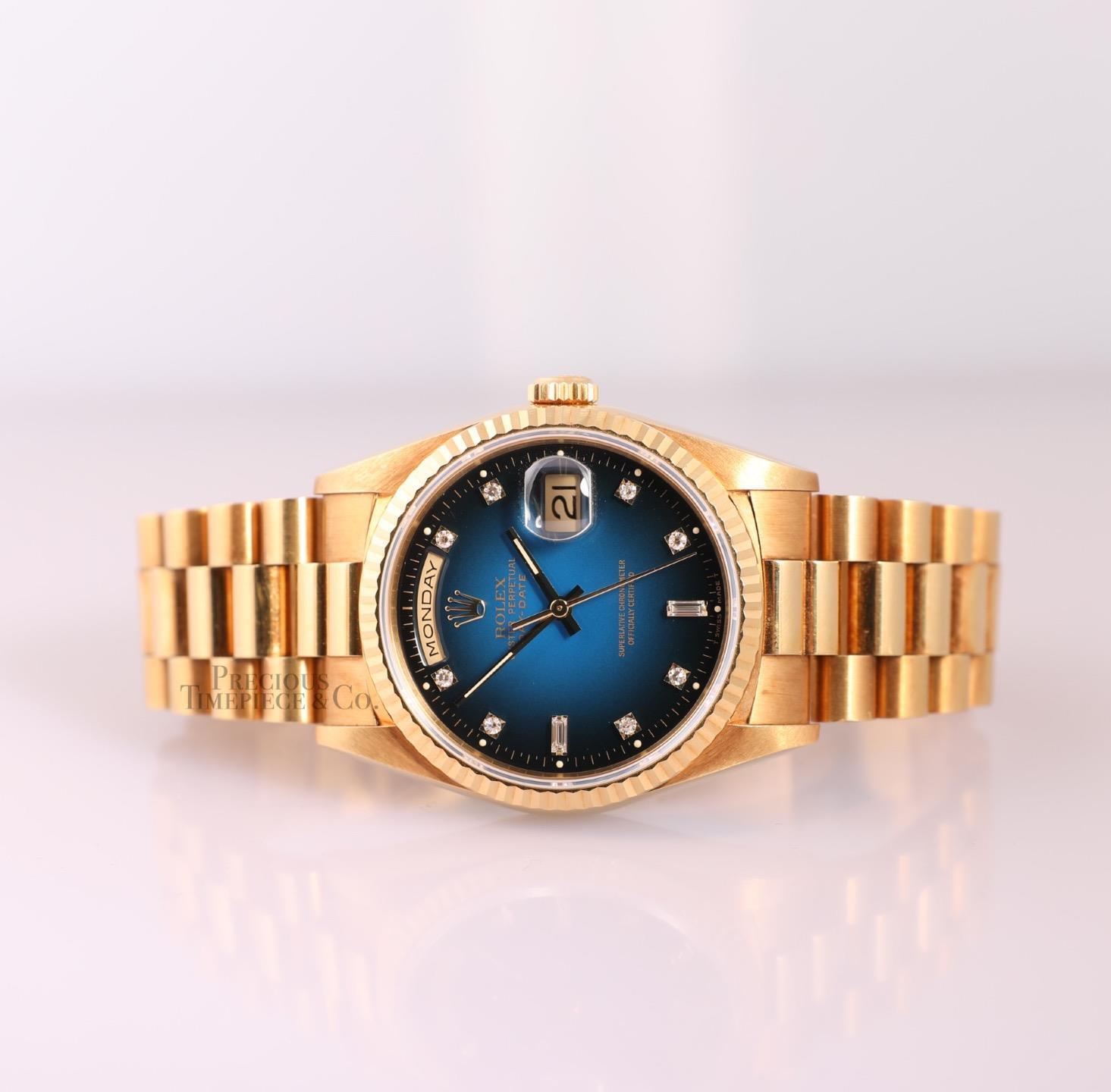 Rare Rolex Day-Date 18238 18k Gold 36mm-Factory Blue Vignette Diamond Dial