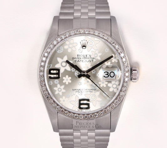 Rolex Datejust 36mm Stainless Steel 18k Diamond Bezel Silver Floral Motif Dial