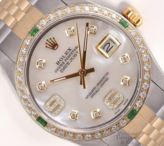 Rolex Datejust 36mm Two Tone 18k Emerald Diamond Bezel-White MOP Diamond 6&9