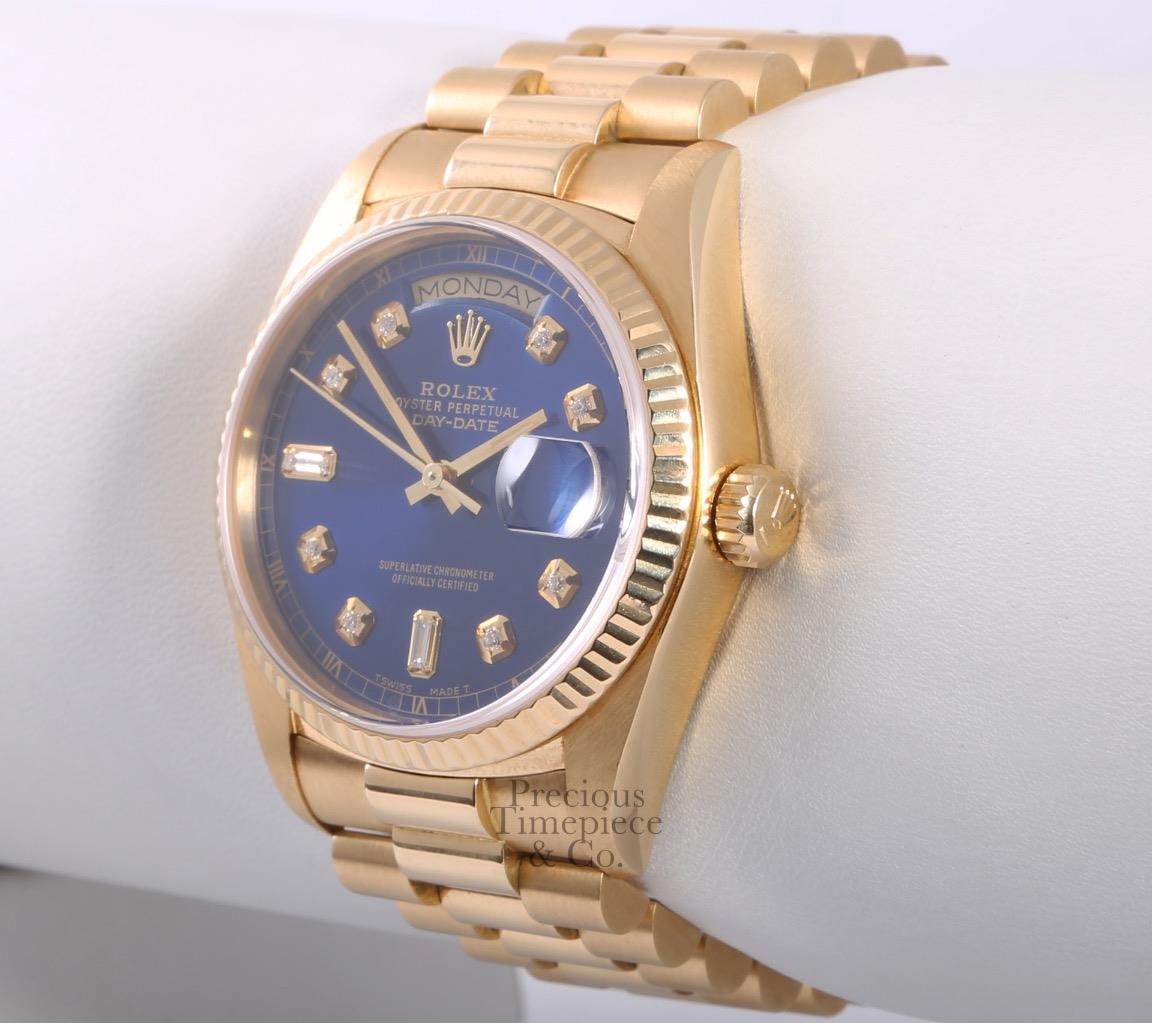 Rolex 18k Gold Day-Date 18238 President 36mm-Blue Diamond Dial- 18k Fluted Bezel