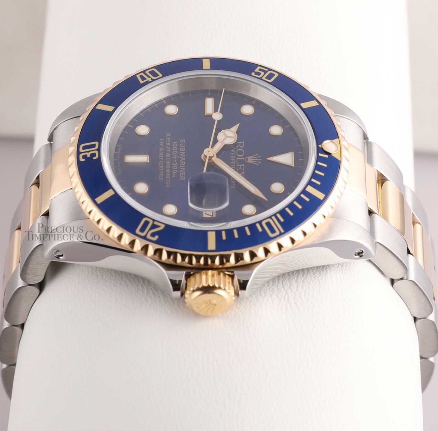 Rolex Submariner 16613 Watch Two Tone 18k Gold-Blue Dial-Blue Insert-Box & Paper