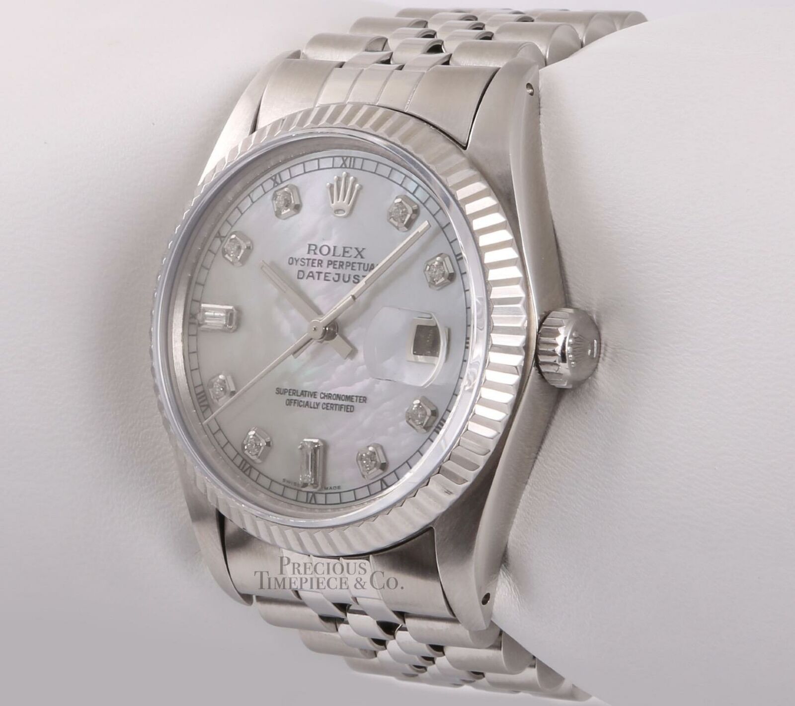 Rolex Men Datejust 36mm Steel Watch Fluted Bezel-White MOP Baguette Diamond Dial