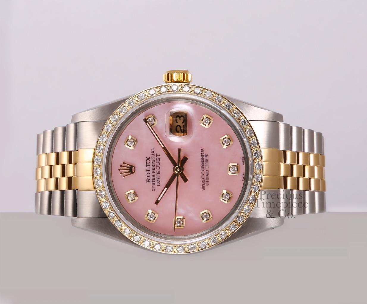 Rolex Datejust 2 Tone 36mm SS/ 18k Diamond Bezel Watch-Pink MOP Diamond Dial-BOX