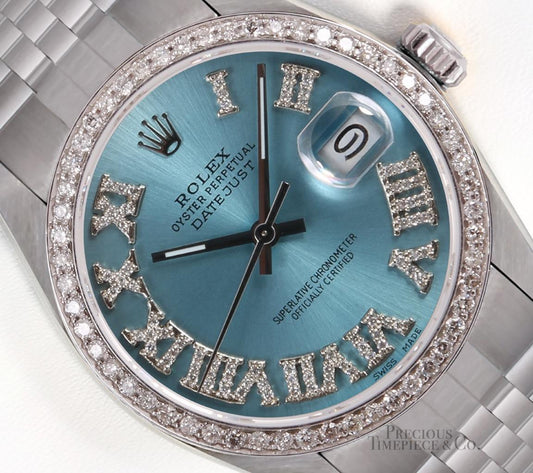 Rolex Datejust Stainless Steel 36mm-Ice Blue Roman Diamond Dial-Diamond Bezel