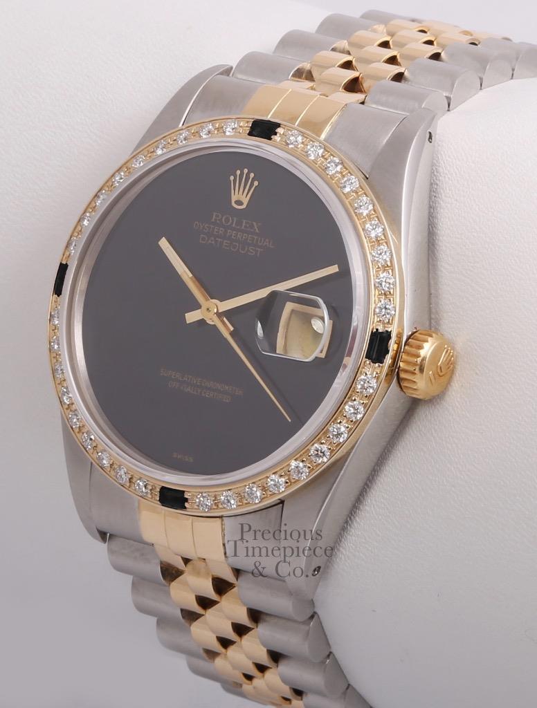 Rolex Datejust Two Tone 36mm Watch 18k Black Gemstone & Diamond Bezel-Onyx Dial